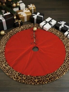Red and Leopard Print Faux Fur Christmas Tree Skirt